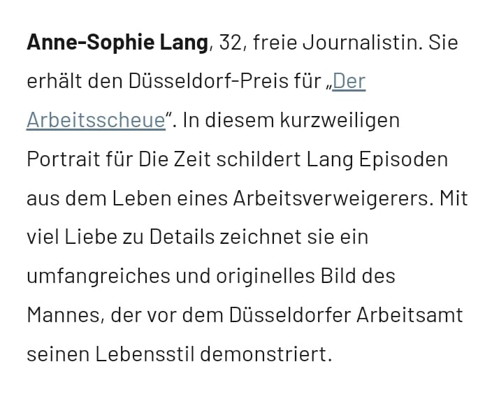 Journalismuspreis Der Arbeitsscheue fuer Anne Sophie Lang / Zeit online ( 31.01.23 )